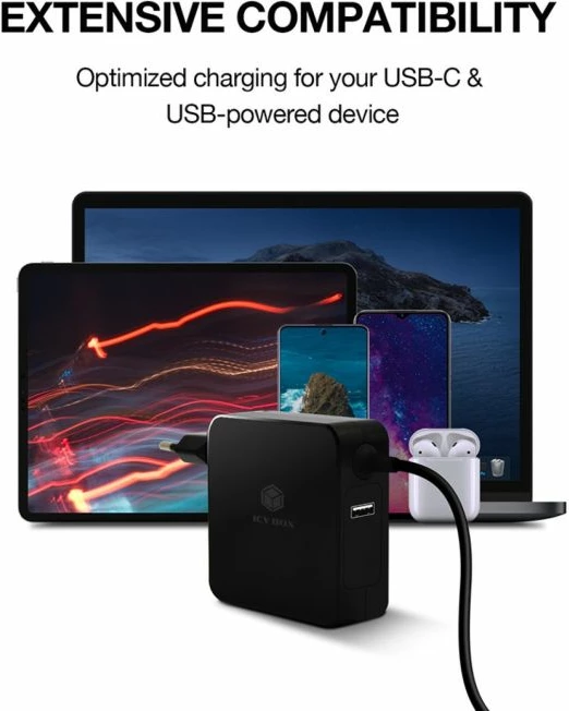 Karikues USB-C PD ICYBOX IB-PS101-PD 90W me portë USB-A, kabllo e integrume 1.8m, e zezë