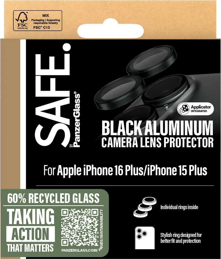 Mbrojtës kamere PanzerGlass për iPhone 16/16 Plus, i zi