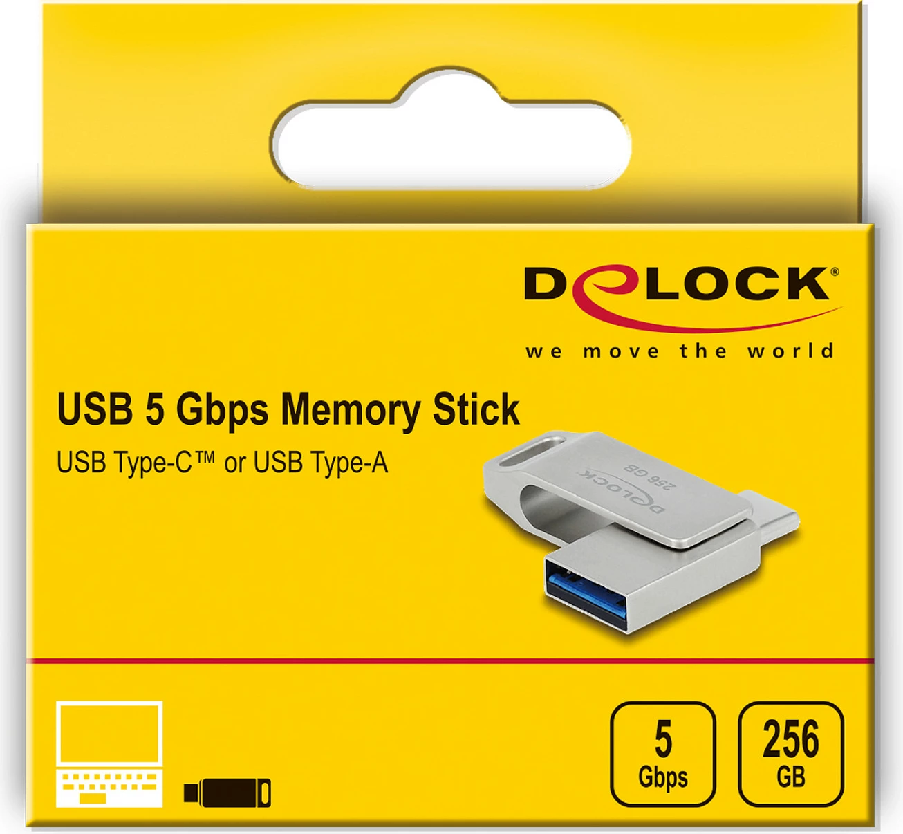 Memorie USB DeLOCK 256GB, USB-A + USB-C, USB 3.2 Gen 1, metal, gri