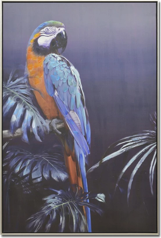 Pikturë dekorative me papagall blu, kanavacë, shumëngjyrëshe, 82x122x5cm, dru