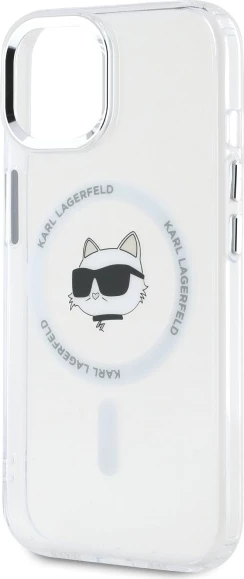 Mbështjellës Karl Lagerfeld IML Metal Choupette Head MagSafe për iPhone 15, Bardhë