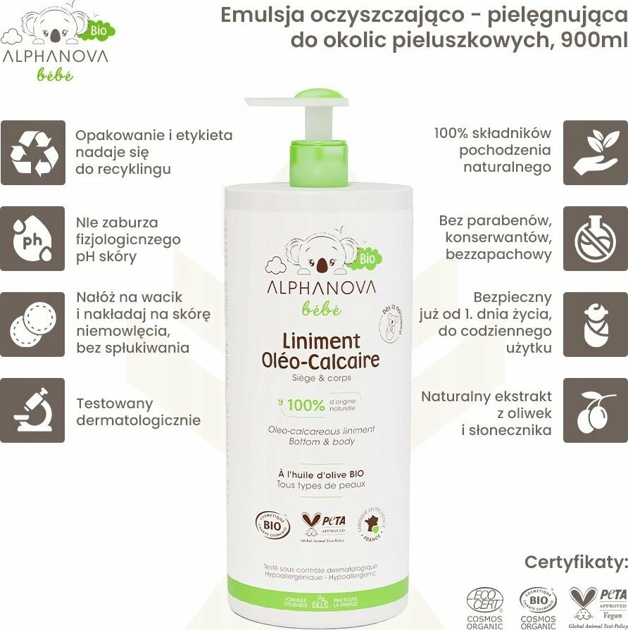 Emulsion pastruese Alphanova Bebe Bio Liniment Oléo-Calcaire 900 ml me pompë
