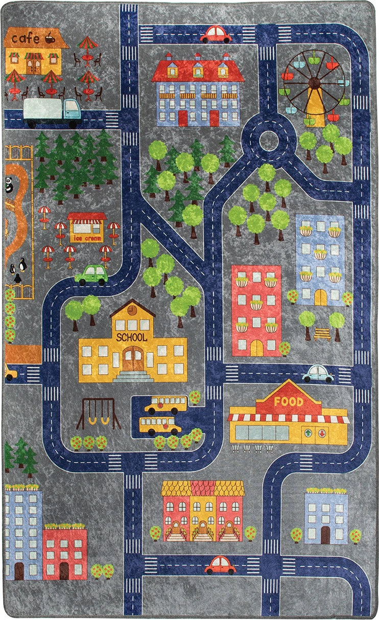 Qilim për fëmijë, dizajn qyteti i vogël, 100x160cm, gri