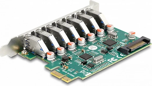 Kartë zgjerimi PCIe DeLOCK x1, 7x USB-A 5Gbps USB 3.2 Gen 1, SATA 15-pin, gjelbër/hiri
