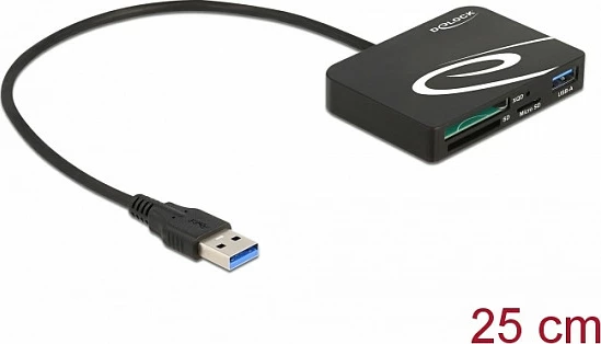 Lexues kartelash DeLOCK për XQD/SD/microSD me USB Type-A, kabllo 25 cm, i zi