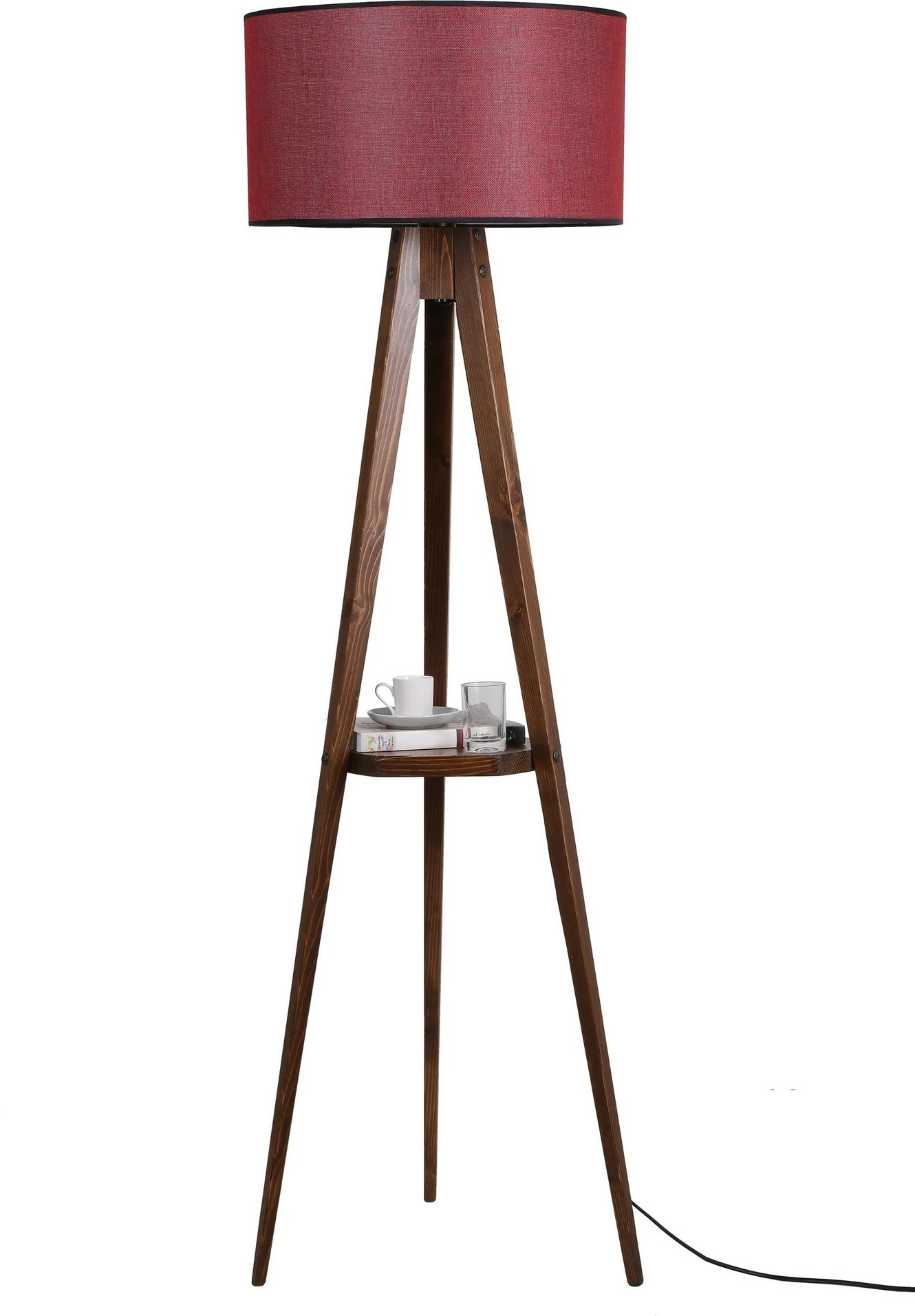 Llambë dyshemeje Opviq, tripod, trup druri, rafte, abazhuri bordo, 153cm
