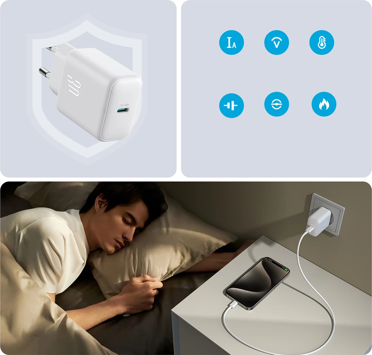 Karikues rrjeti USB-C PD 30W QC SFC, Joyroom JR-TCF24, 1 port, PPS, prizë EU, kabllo USB-C 1m, i bardhë, set