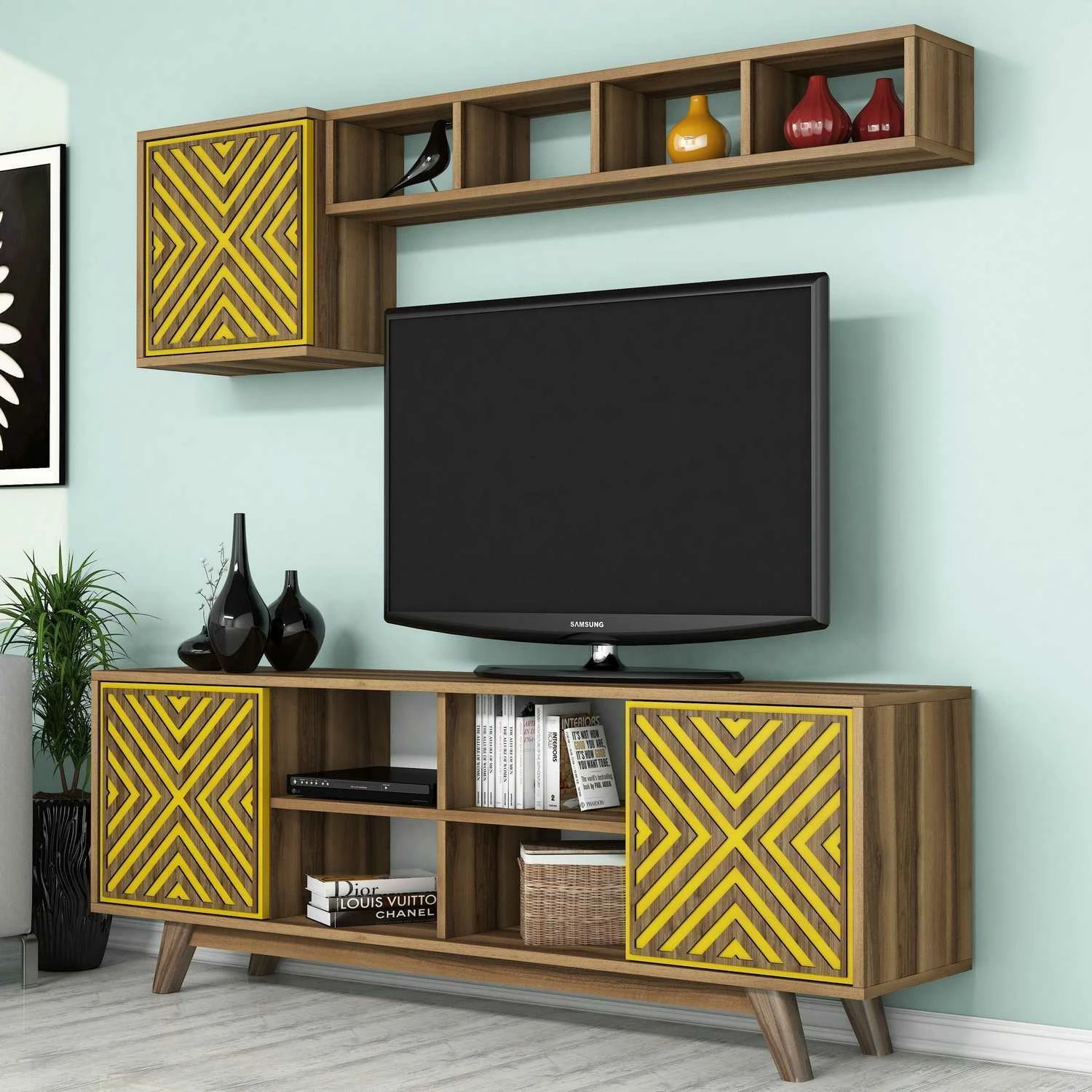 Komodë TV Hanah Home, ngjyrë arre dhe e verdhë, dizajn bohemian