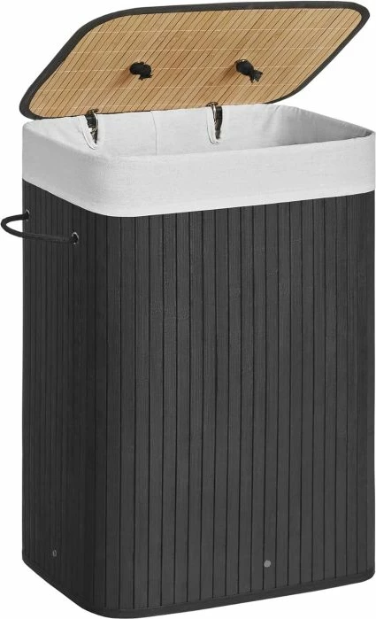 Shportë rrobash SONGMICS LCB10B, bambu e palosshme me kapak, 72 L, e zezë