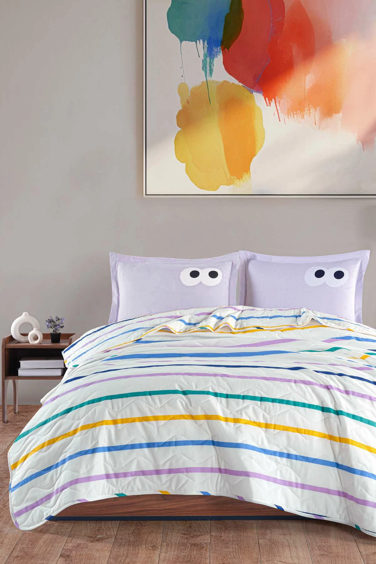 Set mbulesë krevati e qepur për krevat dopio king, ngjyrë lejla, Funny, L'essentiel