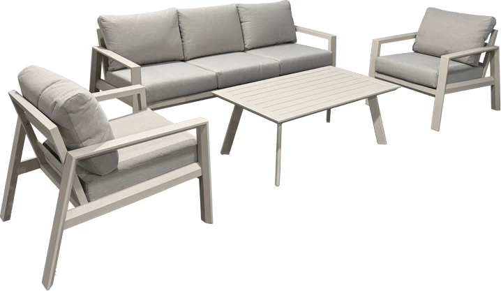 Set mobiljesh për kopsht Kallisto, 4 pjesë, kornizë alumini, ngjyrë bezhë, jastëkë gri të çelët