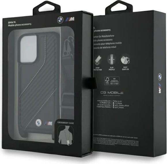 Mbështjellës BMW M Edition Carbon Stripe & Strap për iPhone 16 Plus, i zi