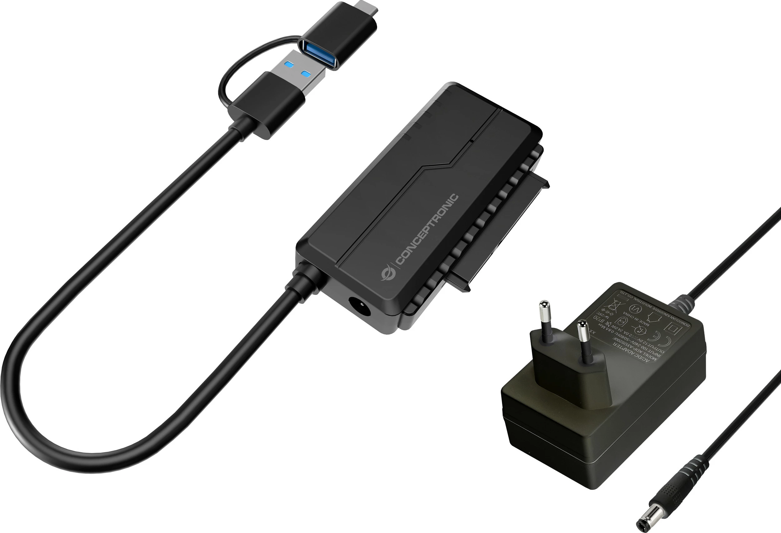 Adapter USB-A/USB-C 3.0 në SATA 22-pin Conceptronic, 6 Gbit/s, me adapter rryme, i zi