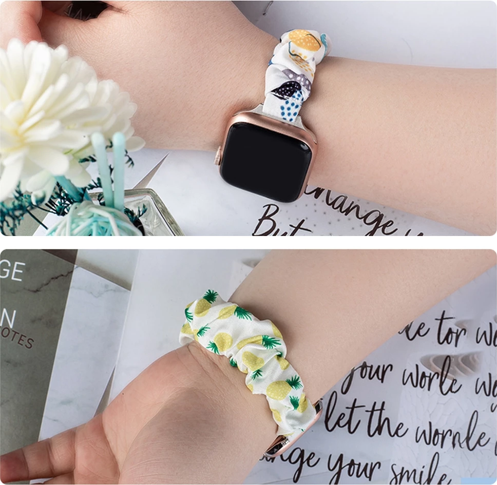 Rrip tekstili për Apple Watch Hurtel, model me ananas, elastik, i bardhë