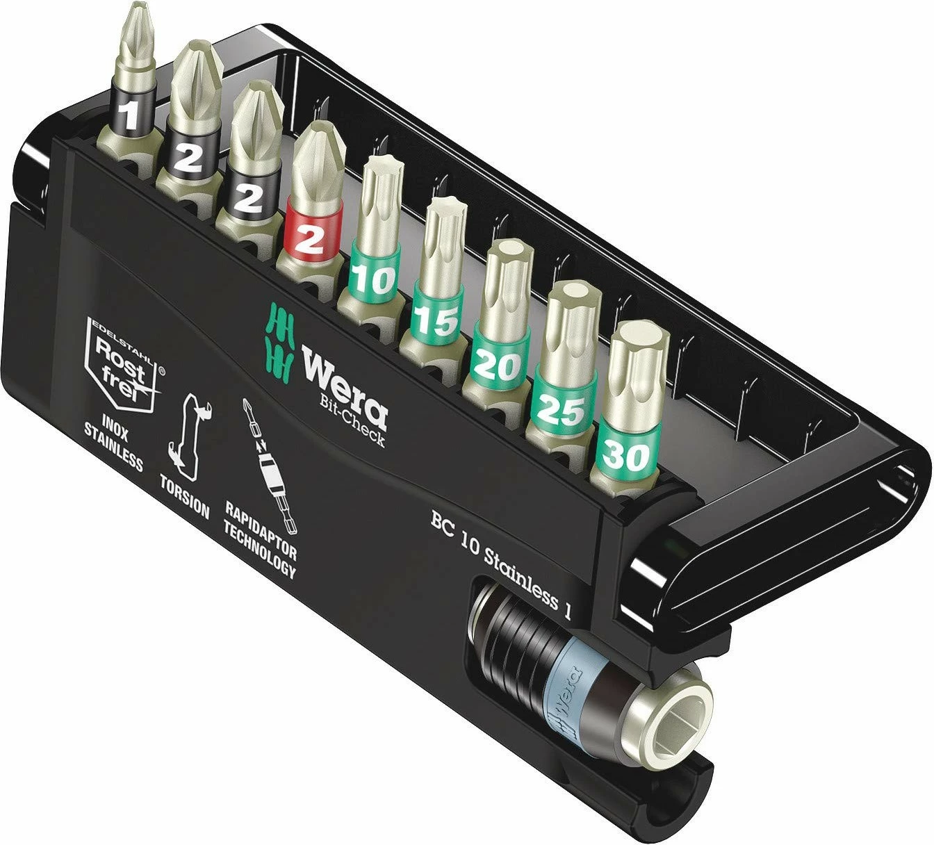 Set bitash Wera 05071110001, 9 copa, PH/PZ/TX, inox, me adapter dhe kuti