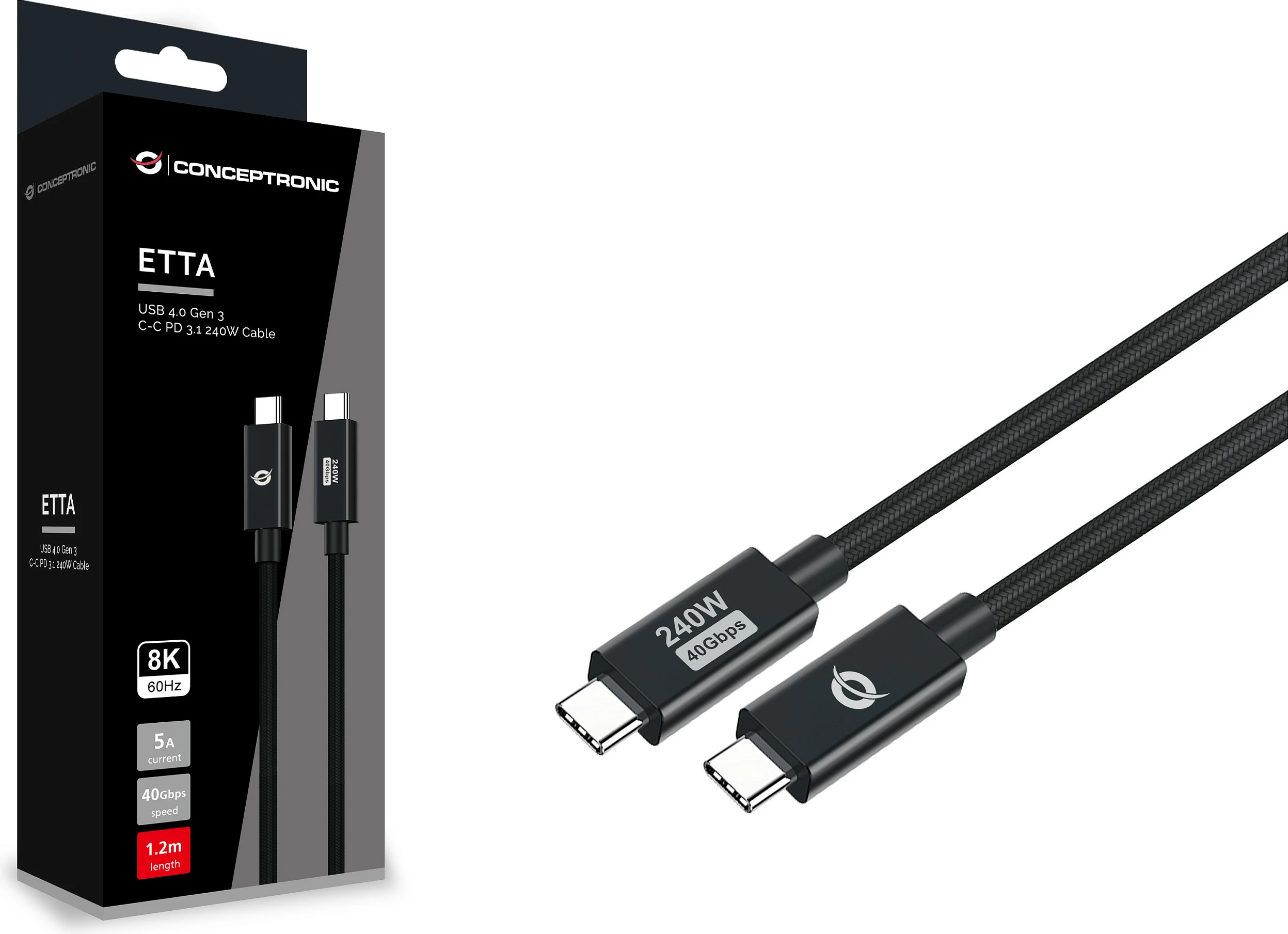 Kabllo USB-C Conceptronic ETTA04B12, USB4 Gen 3x2, PD 3.1 240W, 40Gbps, 1.2m, e zezë
