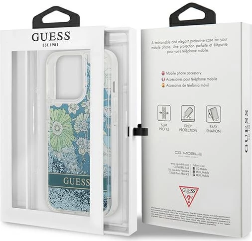Mbështjellës Guess Flower Liquid Glitter për iPhone 13/13 Pro 6.1", Gjelbër