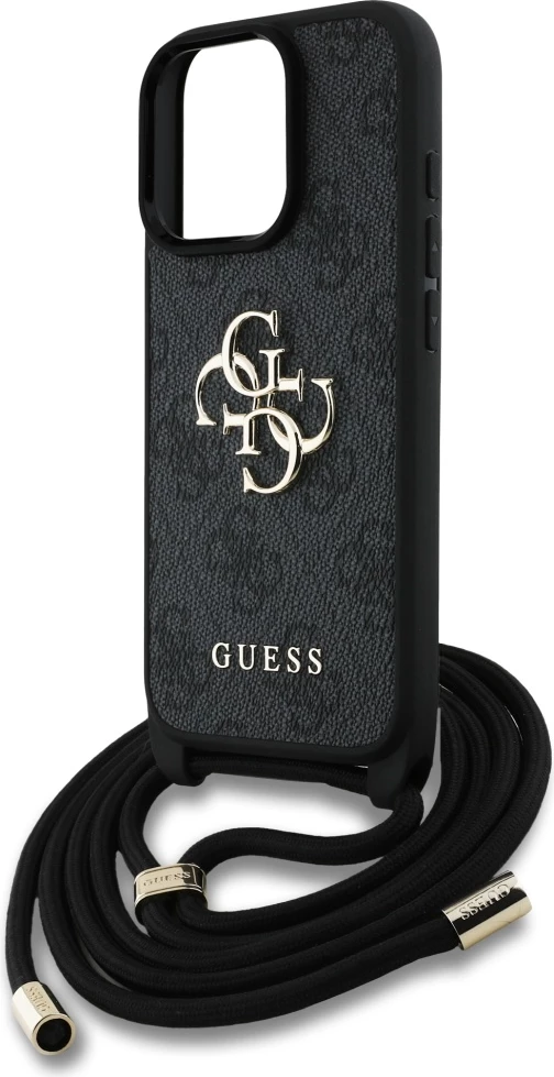 Mbështjellës Guess 4G Big Logo Cord Stap Crossbody për iPhone 16 Pro, e zezë