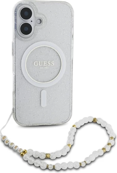 Mbështjellës Guess IML Glitter me rrip perlash MagSafe për iPhone 16, Transparent