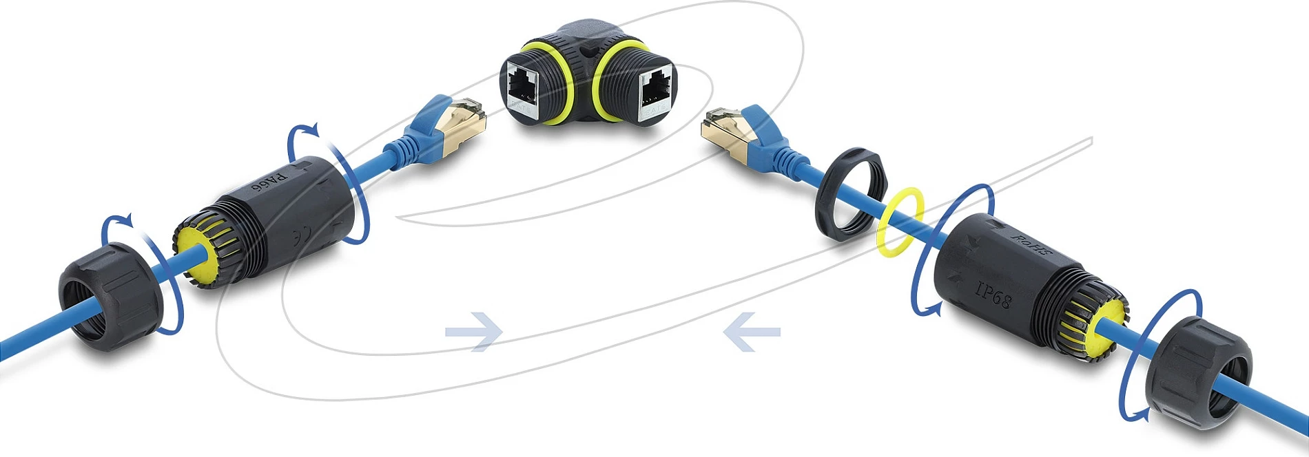 Lidhës kablli RJ45 DeLOCK, femër-femër, Cat.6, 90°, IP68, M23x1.5, i zi