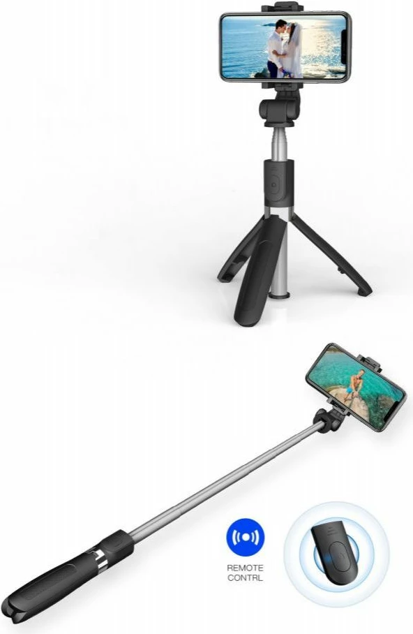 Selfie stick me tripod Tech-Protect L01S, Bluetooth, për smartphone, 70cm, Zi