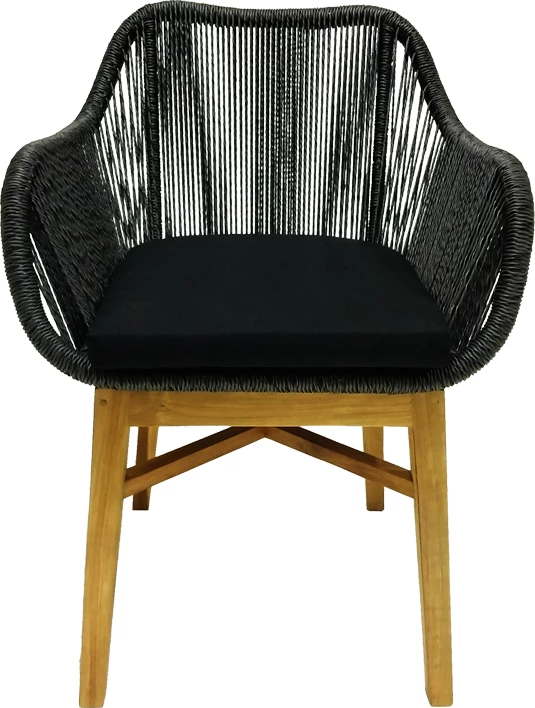 Karrige Kalie dru teak dhe litar sintetik, ngjyrë natyrale e zezë, me jastëk, 60x61x80cm