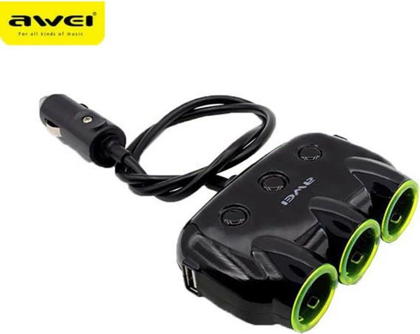 Ndarës çakmaku për makinë AWEI C-3S, 2xUSB, 3 dalje çakmaku, i zi