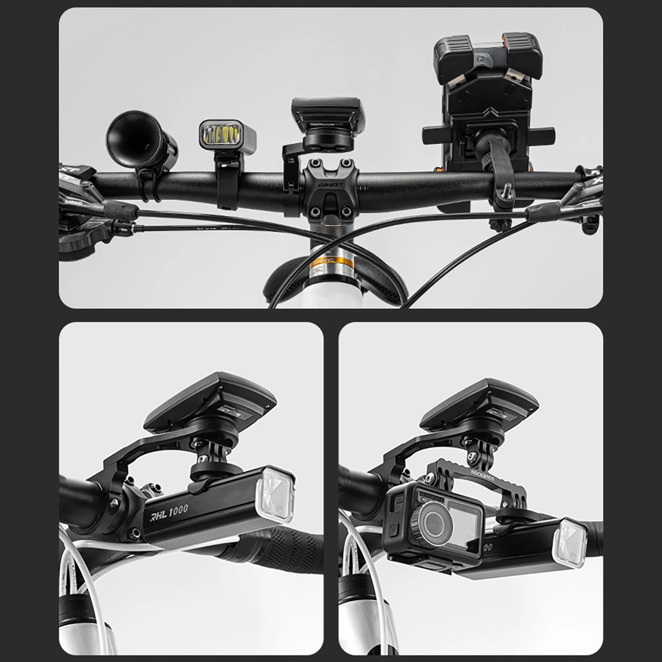 Mbajtëse timoni biçiklete Rockbros FK-301 2-në-1, për kompjuter Garmin/Wahoo/Bryton + dritë/kamerë GoPro, 31.8 mm, E zezë