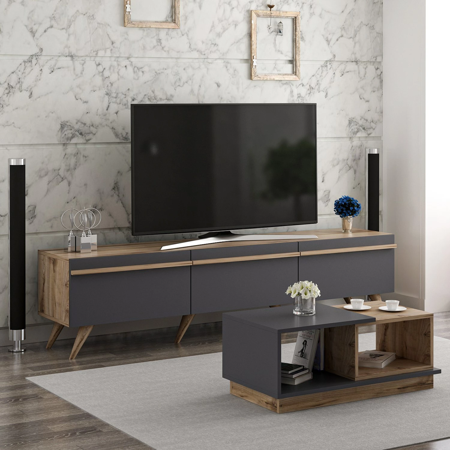 Set mobiljesh për dhomë dite, Skye Decor, Amsterdam, anthracite dhe walnut