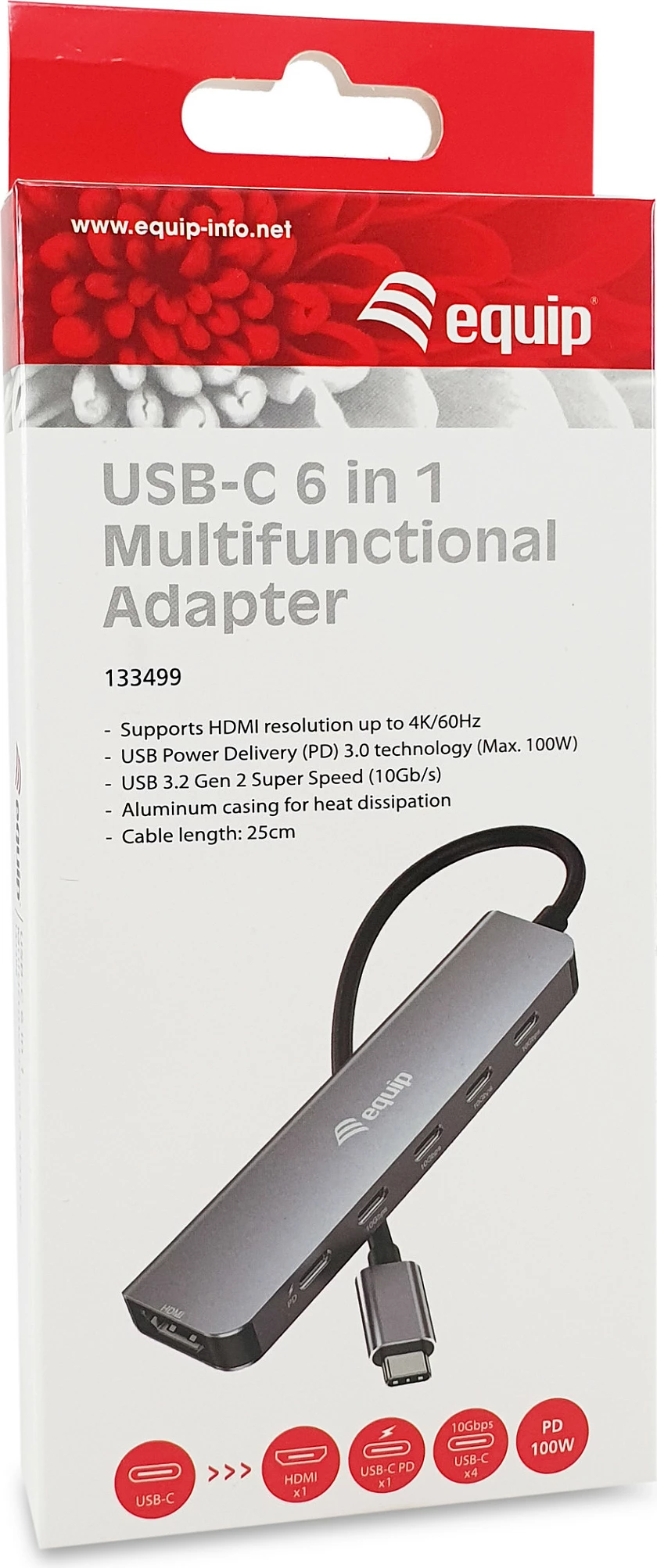 Adapter multifunksional USB-C EQUIP 133499, 6-në-1, HDMI 4K/60Hz, 100W PD, 10Gbps, Gri