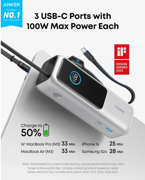 Powerbank Anker A1695H41 25000 mAh 165W me kabllo USB-C të integrume, argjend