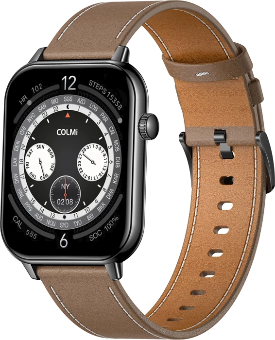 Smartwatch Colmi C28 AMOLED 1.93" me Bluetooth thirrje, AI Da GPT, 230 mAh, e zezë + rrip lëkure kafe (set me kabllo karikimi magnetik)
