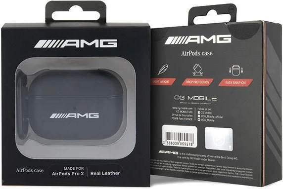 Mbështjellës AMG për AirPods Pro 2, lëkurë, i zi, me logo të bardhë
