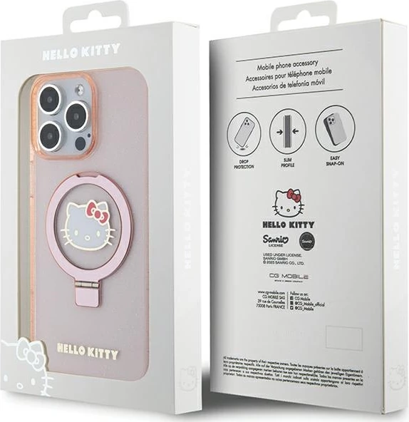 Mbështjellës Hello Kitty Ring Stand Glitter Electrop Logo MagSafe për iPhone 15 Pro Max, Rozë