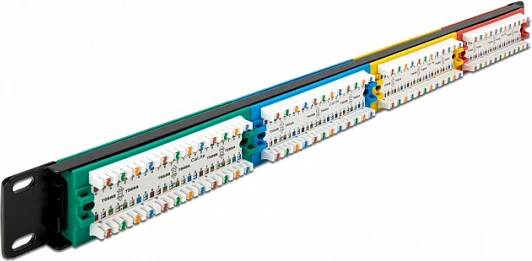 Patch Panel DeLOCK 19" 24-port Cat.5e 1U RJ-45/LSA, AWG 22-26, rack, multikolor Blu/Gjelbër/Kuqe/Verdhë
