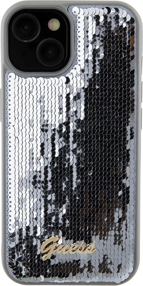 Mbështjellës Guess Sequin Script Metal për iPhone 15, argjend