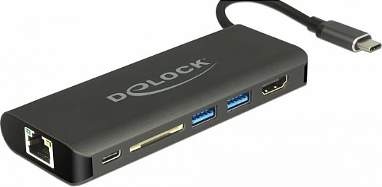 Adapter USB-C DeLOCK 87721, hub me HDMI, 2x USB-A, 2x USB-C, lexues SD/MMC, 60W, i zi