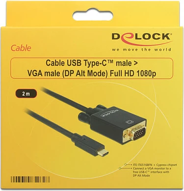 Kabllo adapter USB-C në VGA DeLOCK, 2 m, Full HD 1080p, e zezë