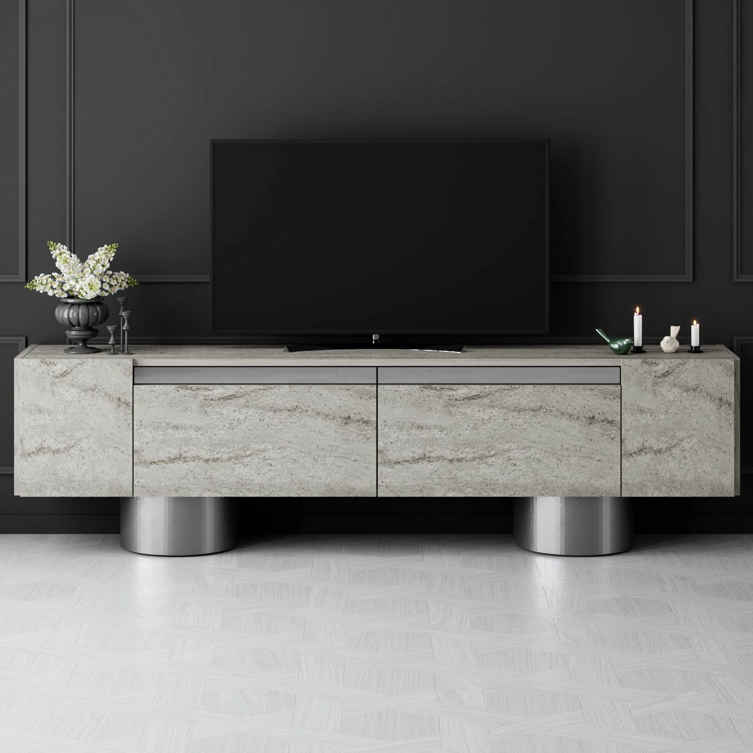 Komodë TV Hanah Home, bohem, travertin, argjend