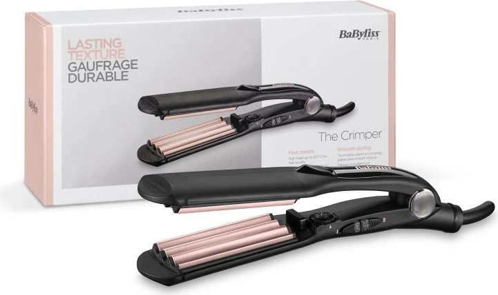 Krimper flokësh, BaByliss 2165CE, pllaka tourmaline-ceramike 35 mm, 10 temperatura 120-210°C, e zezë/rozë