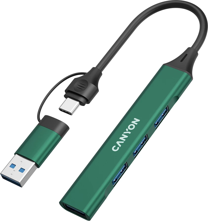 USB hub CANYON DS-02 4in1 USB-A/C, 4 porta (1x USB 3.0 + 3x USB 2.0), kabllo 15 cm, gjelbër