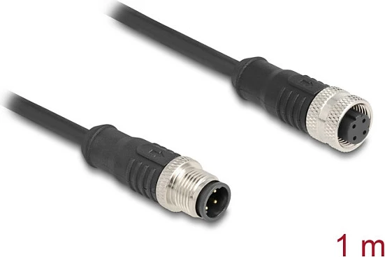 Kablë rrjeti DeLOCK M12 D-code 4-pin mashkull në femër, Cat5e, 1 m, e zezë