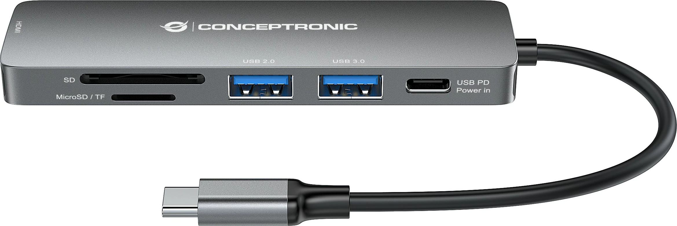 Dock USB-C Conceptronic 6-1, HDMI, 2xUSB-A, SD, TF/MicroSD, 15cm, gri