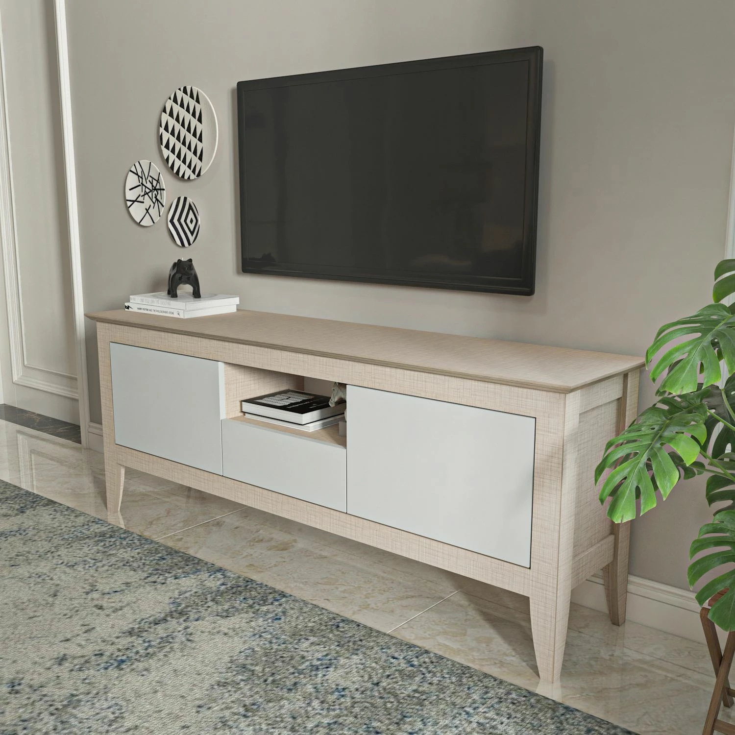 Komodë TV moderne Skye Decor, ngjyrë bezhë dhe e bardhë