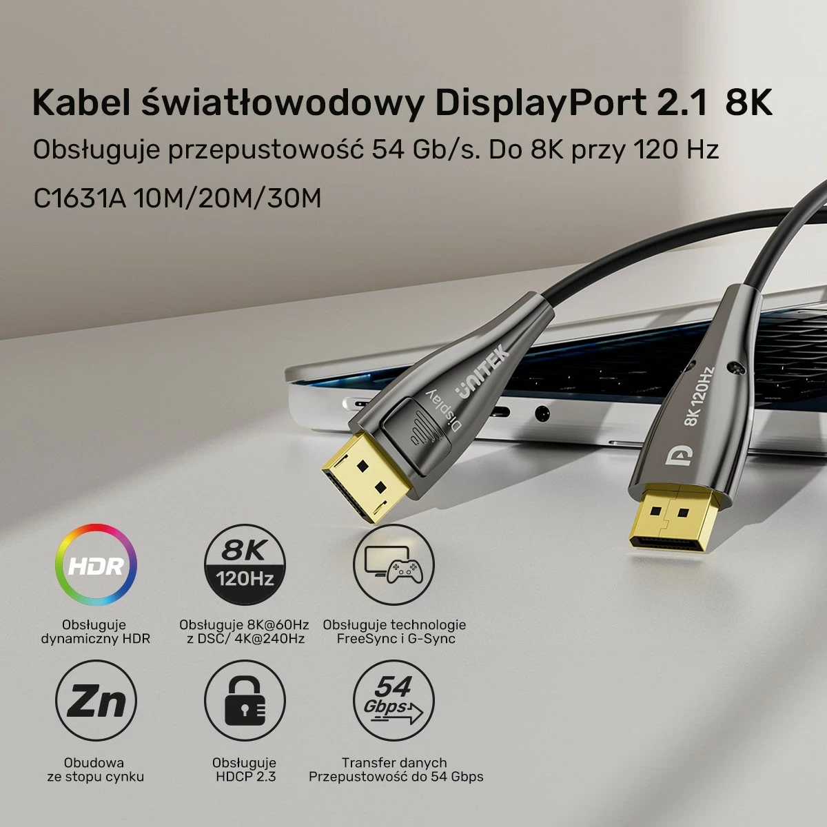 Kabel DisplayPort Unitek 8K 2.1 30m zi-gri
