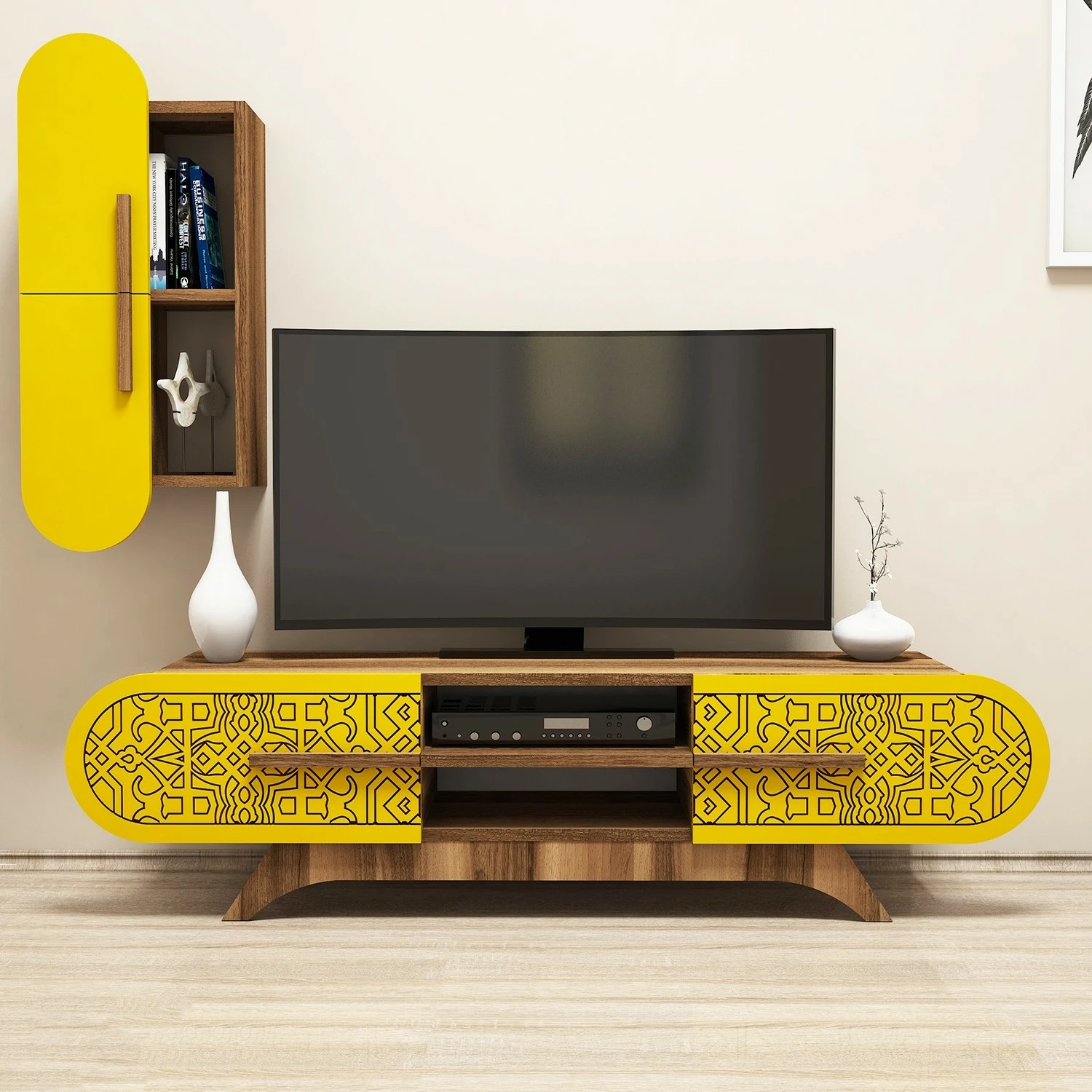 Komodë TV Hanah Home, Defne, ngjyrë arre dhe e verdhë
