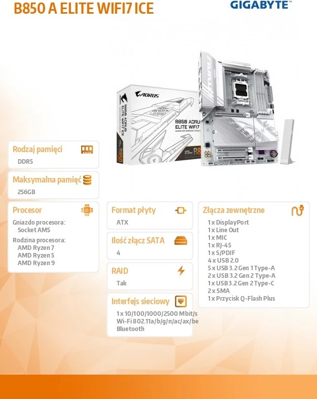 Pllakë amë Gigabyte B850 A ELITE WIFI7 ICE, Socket AM5, ATX, DDR5, Wi-Fi 7, Bardhë