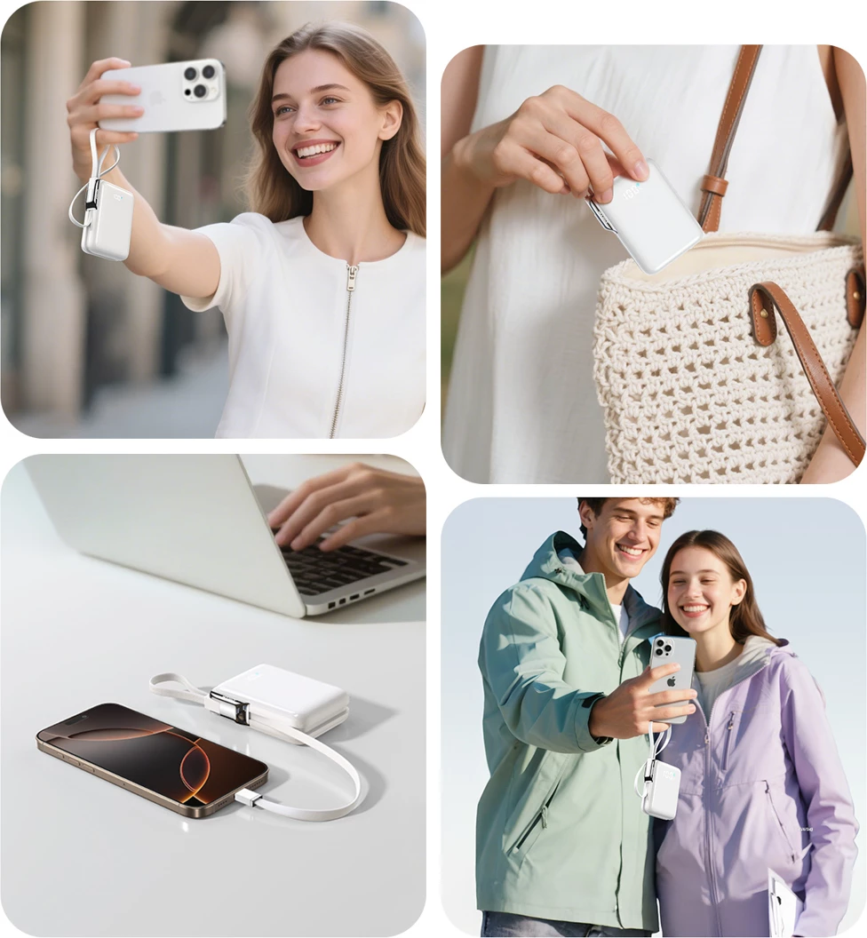 Power bank Joyroom JR-PBF27 Pro 10000mAh 30W me kabllo USB-C të integrume + kabllo USB-C në Lightning, me display, e bardhë