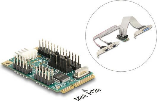 Kartelë Mini PCIe DeLOCK 95277, 2x RS-232 + 1x Paralel (LPT/DB25), Gjelbër