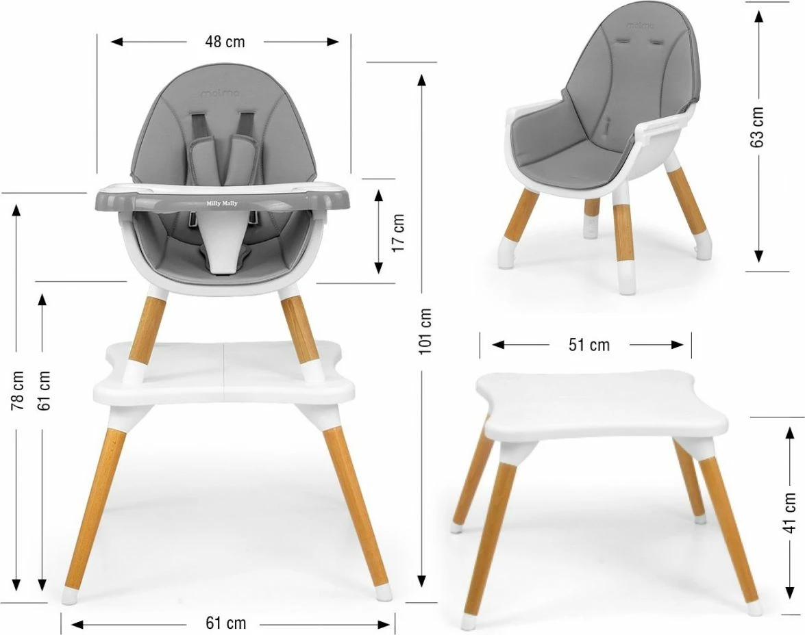 Karrige ushqimi 2-në-1 Milly Mally Malmo, deri 25 kg, gri